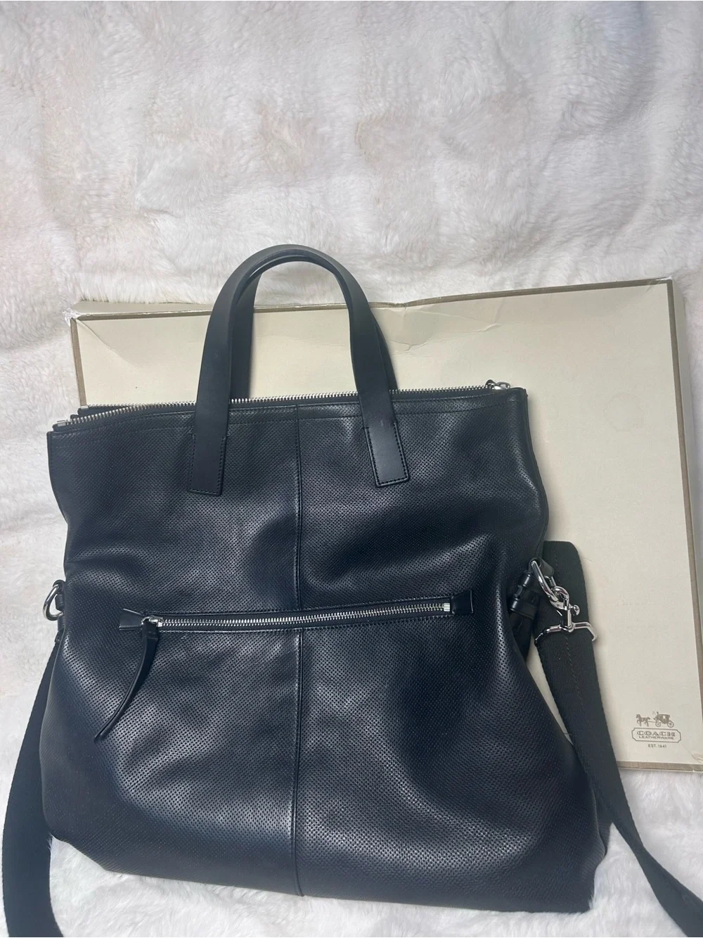 Coach Thompson 70718 Black Perforated Leather Foldover Tote + Original Box